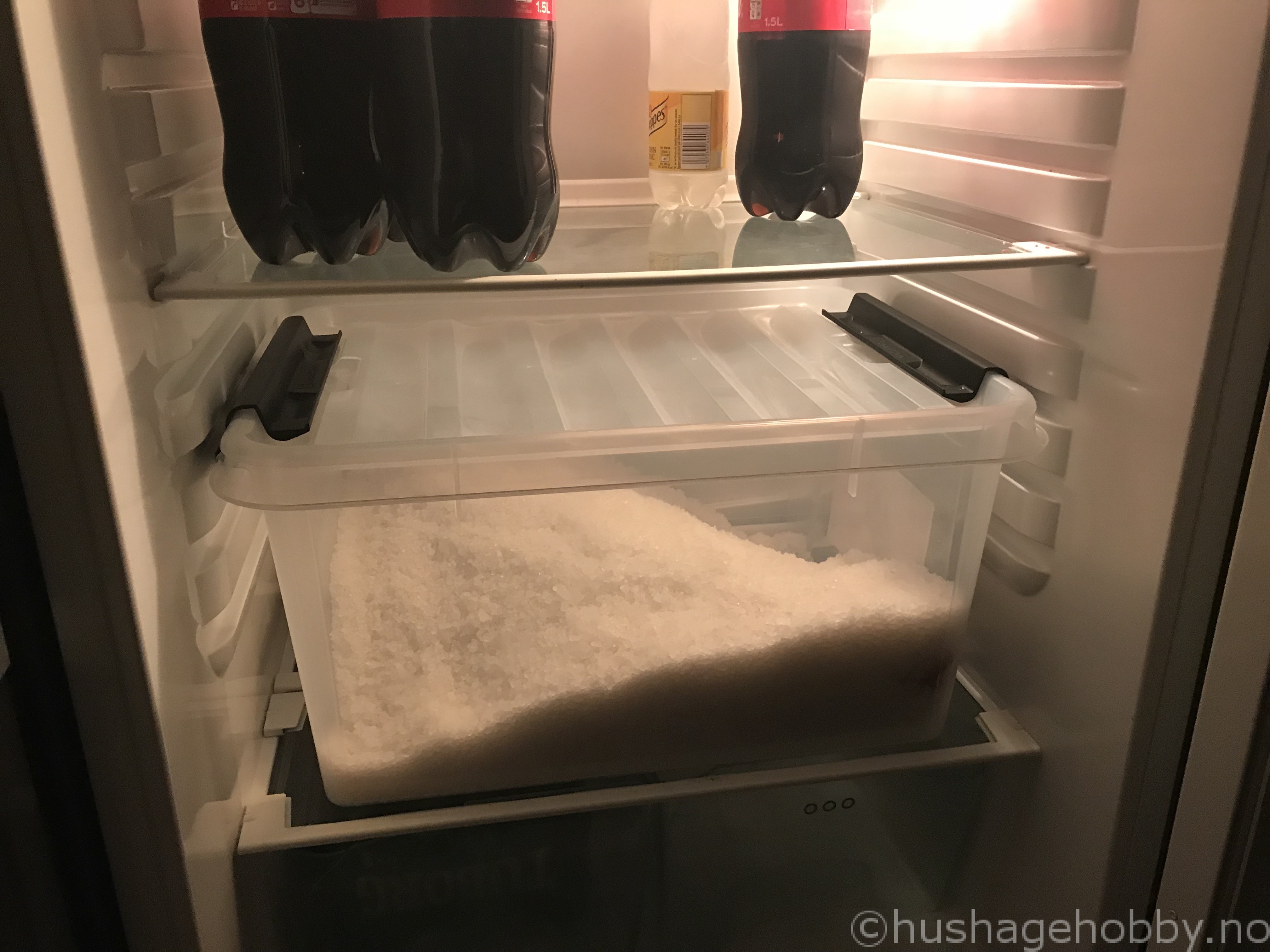 Fenalår tørrsaltet dekt av salt i kjøleskapet